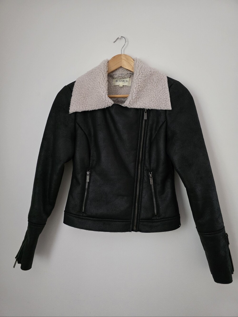 Black Moto Jacket with Cream Sherpa Collar
